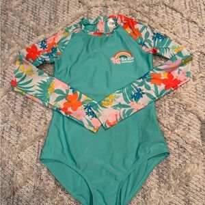 Cat & Jack Teal Rash Guard Swimsuit with Floral Sleeves
